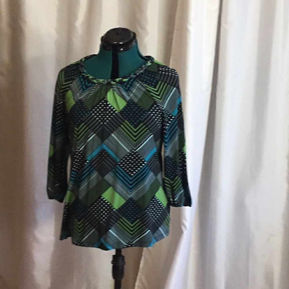 Tunic style top in vibrant colors with braided neckline, 3/4 length sleeves